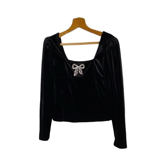 Rachel Zoe Tops - Rachel Zoe Long Sleeve Black Velvet Top With Rhinestone Bow NWT Size M